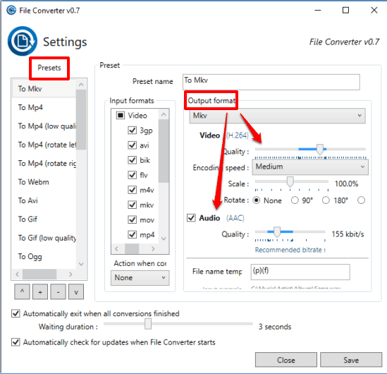 adjust presets and audio video quality for any output format