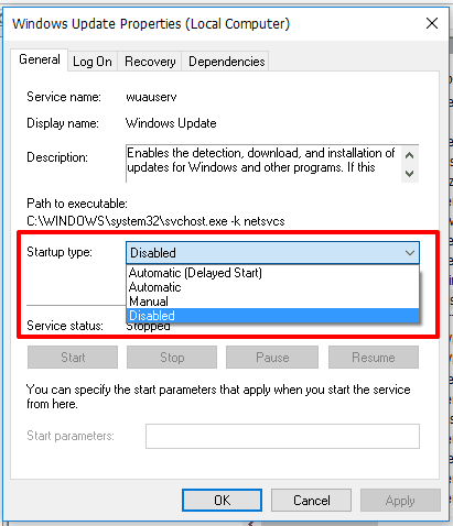 select startup type as disabled