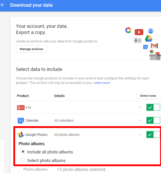 select google photos including all photo albums
