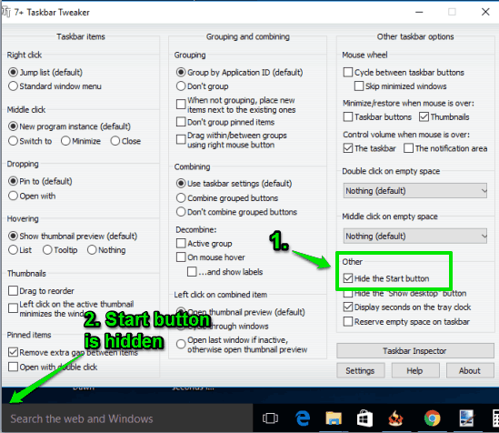 hide start button using 7+ taskbar tweaker