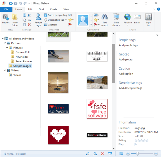 Windows Live Photo Gallery- interface