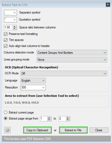 set options and save table