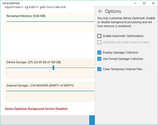 Aerize Optimizer settings options