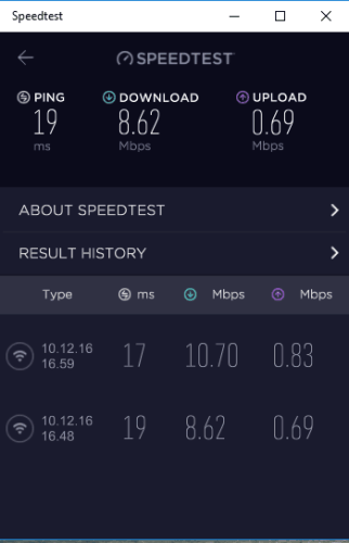 Speedtest result history