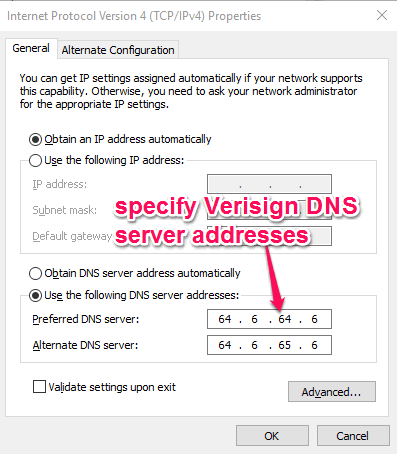 enter verisign dns addresses