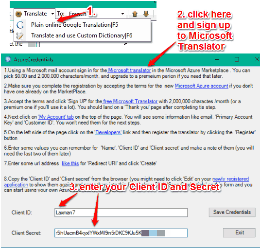 sign up to microsoft translator and generate client id and secret