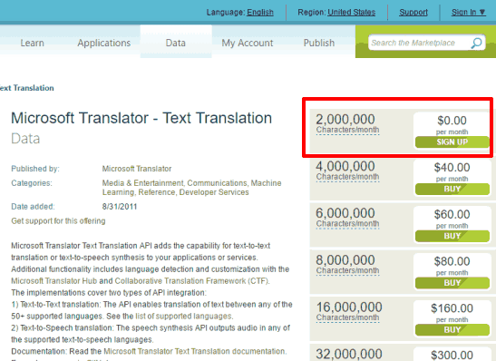 sign up to microsoft translator