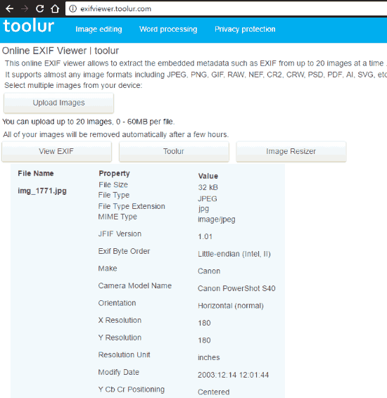 online EXIF data viewer