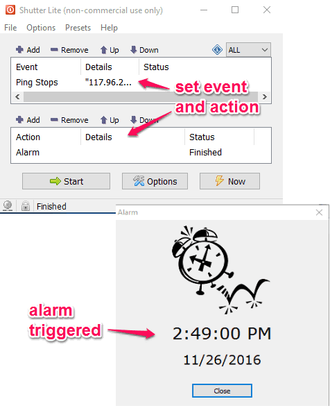 automatically sound an alarm when internet connection is lost