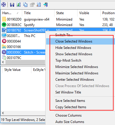 context menu options