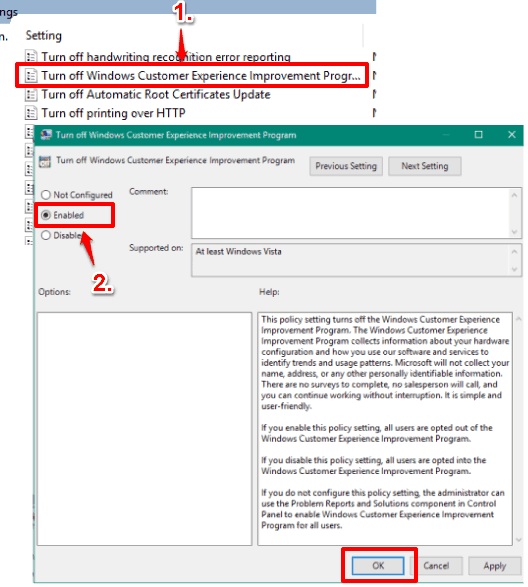 enable turn off windows customer experience improvement program option