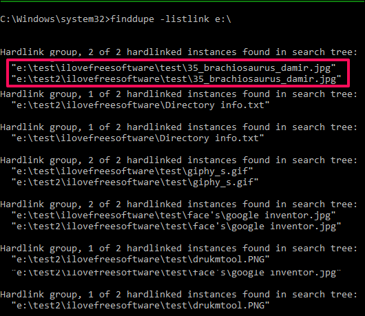 Finddupe listing hard links