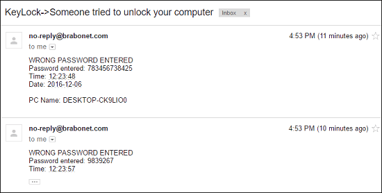 Keylock email notifications