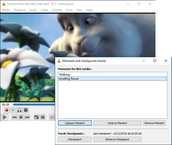 VLC bookmarking using moments tracker