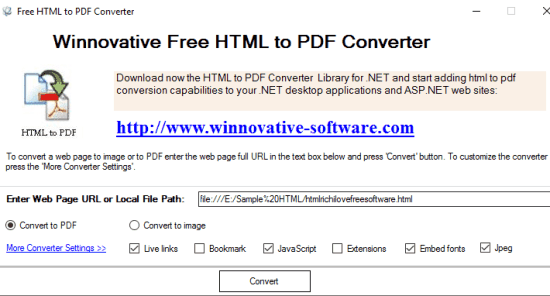 Winnovative Free HTML to PDF Converter- interface