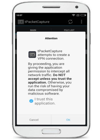 android packet sniffing app for non rooted device- trust this application