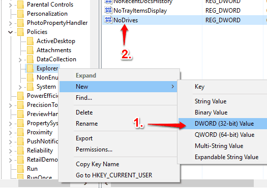 create NoDrives dword value under explorer key