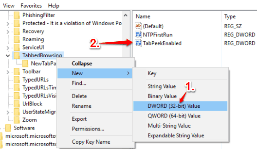 create TabPeekEnalbed dword value