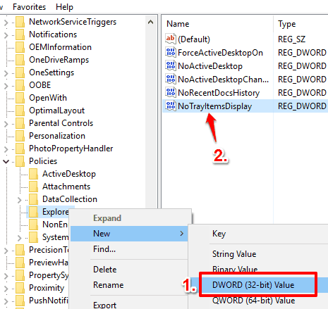 create a new dword value and name it notrayitemsdisplay