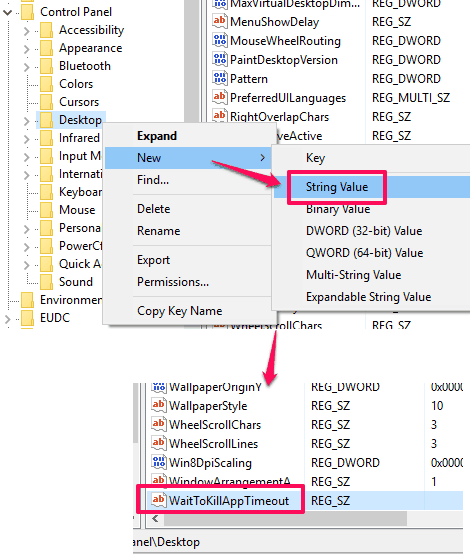 create WaitToKillAppTimeout string value