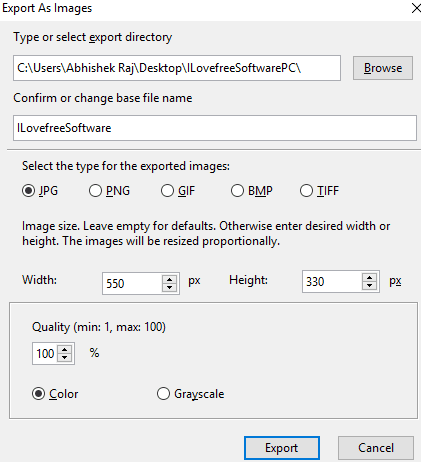 export libreoffice impress slides as images- specify image parameters