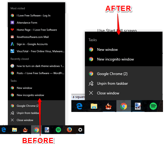 jump lists removed from taskbar