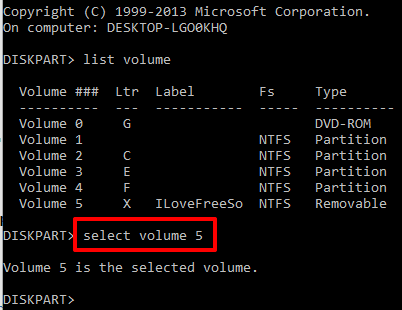 select volume number and press enter to select that volume