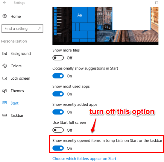 turn off jump lists option