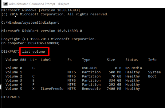 type list volume and press enter