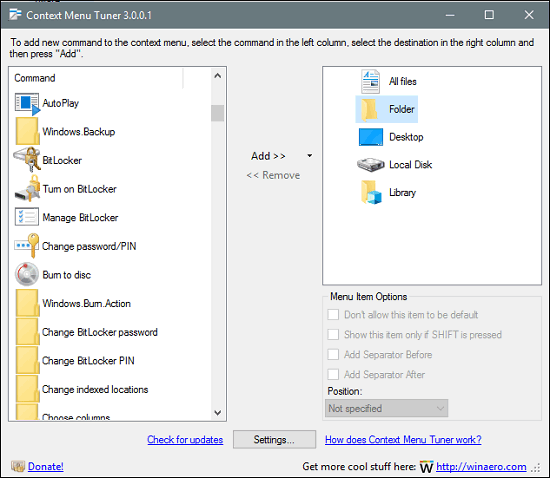 Context Menu Tuner interface