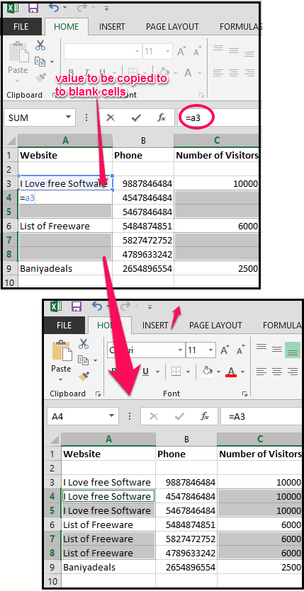 Fill blank cells all column