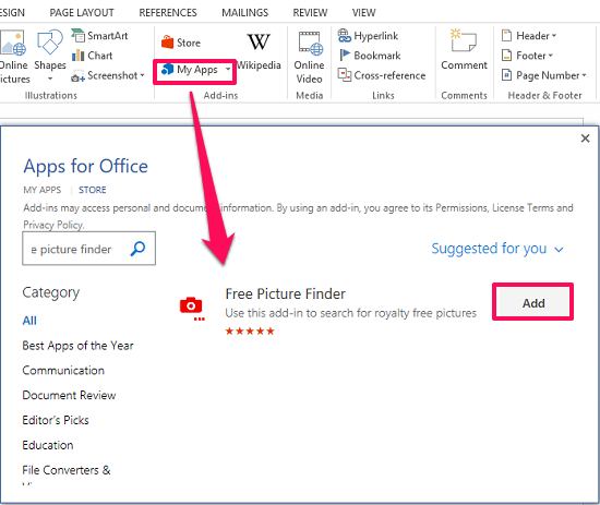 Free picture finder addin for word
