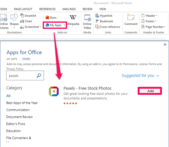 Pexels addin for word
