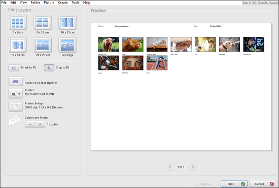 Picasa-configuring contact sheet parameters