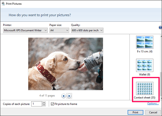 Printing picture contact sheet