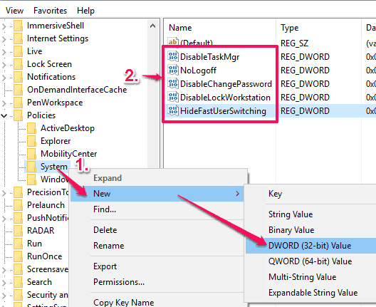 create 5 different dword values