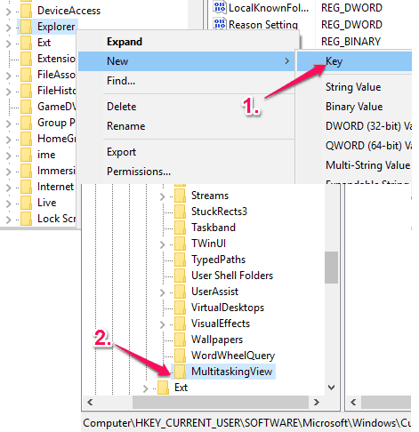 create a multitaskingview key under Explorer key