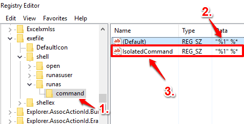 create command key and IsolatedCommand string value and enter the value data