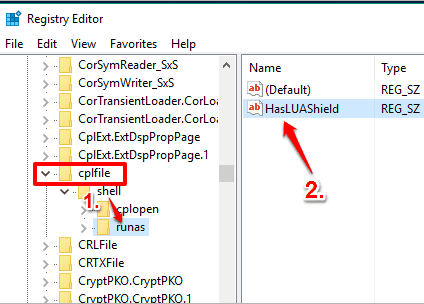 create runas key under shell key in cplfile and create a string value with HasLUAShield name