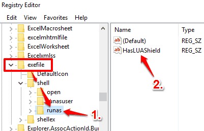 create runas key under shell key in exefile and create a string value with HasLUAShield name