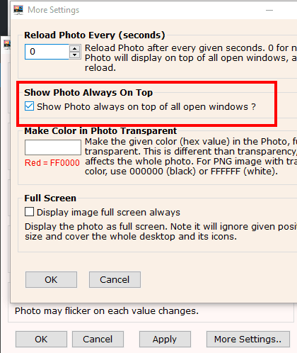 enable option to show photo always on top of other windows