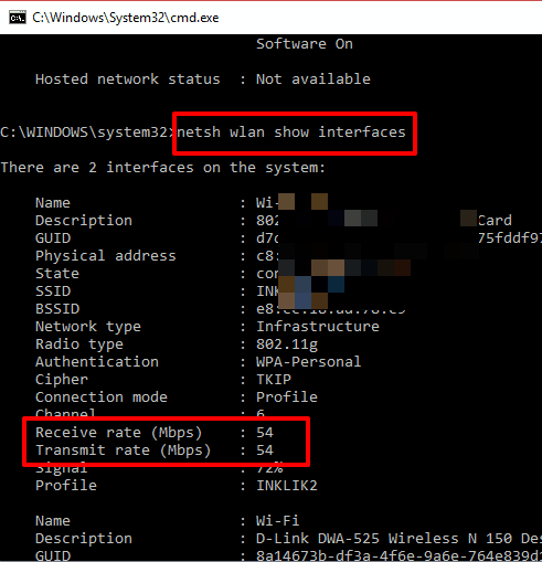 enter command and check network adapter speed