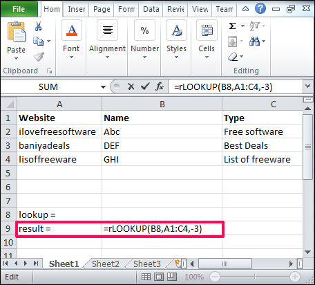 lookup table formula