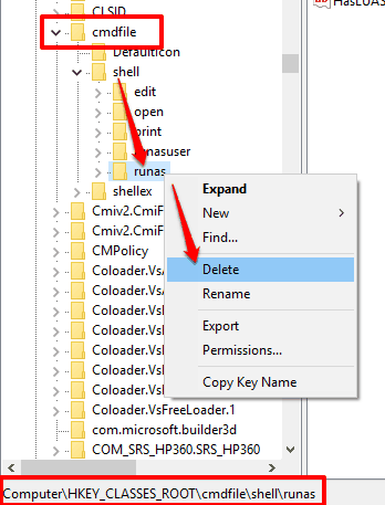 remove runas key from shell key available under cmdfile key