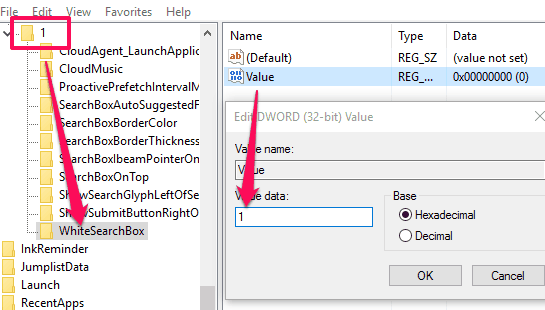 set dword value to 1 availalable under whitesearchbox key