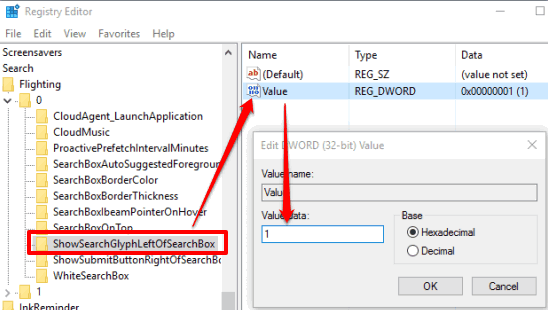 set value data of value dword to 1 available under showsearchglyphleftofsearchbox