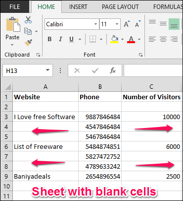 sheet with blank cells