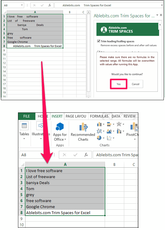 Ablebits.com Trim Spaces for Excel in action