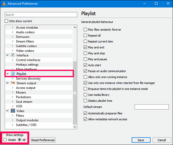 VLC prefrences