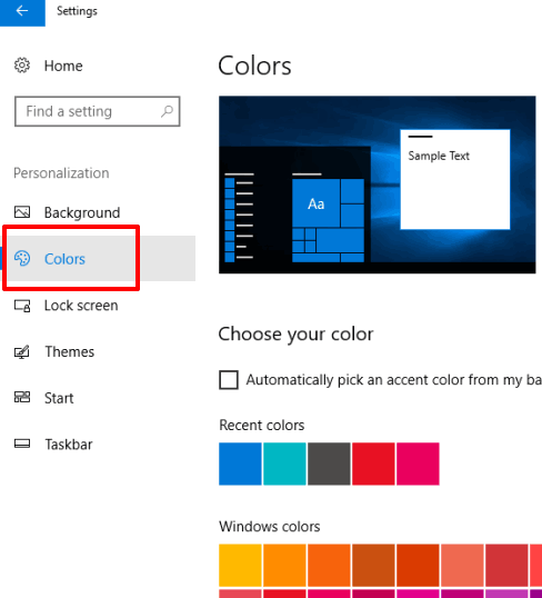 click colors option